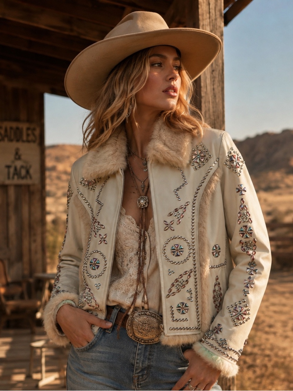 Cripple Creek Jewel Embellished Cream Fur-Trim Leather Jacket